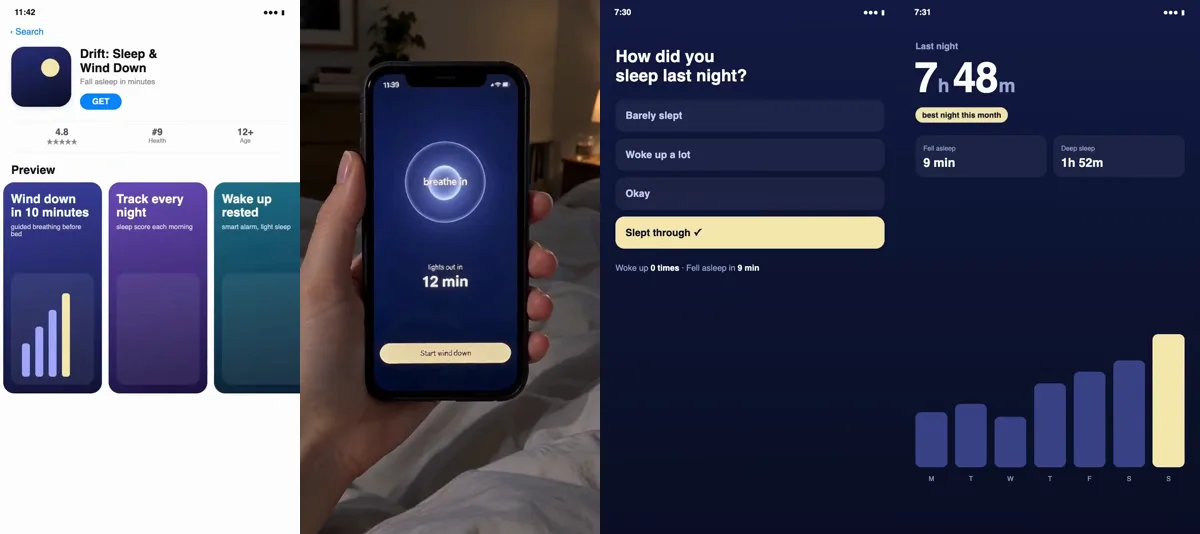 Four app screens from the ad: App Store listing, phone in hand showing a wind down screen, a sleep log question and a sleep result of 7 hours 48 minutes
