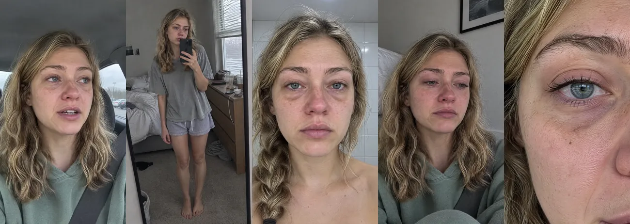 Five AI generated shots of the same woman: car selfie, mirror selfie, bare face, close to tears and eye close up