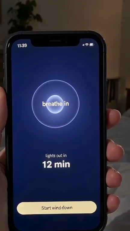 Close up of an AI generated hand holding a phone with a readable wind down screen: breathe in, lights out in 12 min