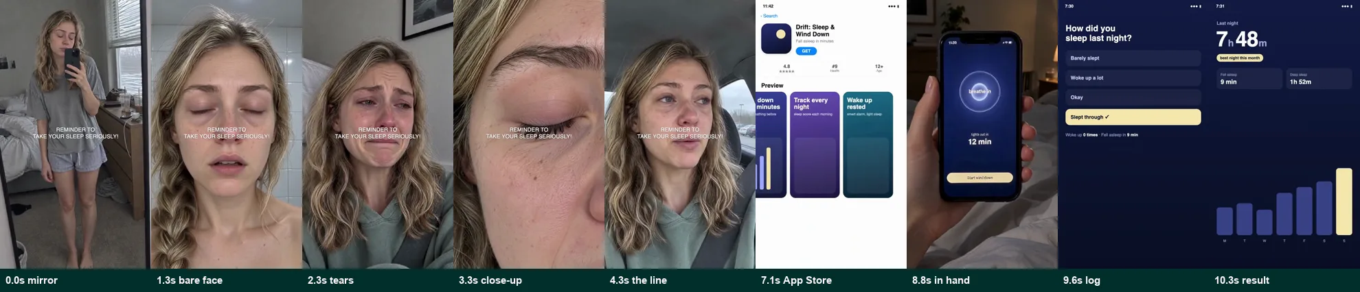 All nine shots of the finished ad in order with their start times